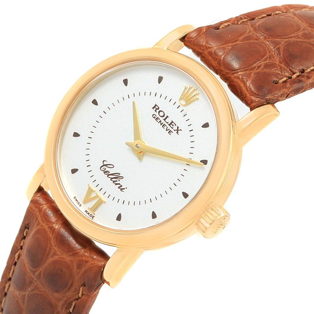 This image shows a Rolex Cellini 6610 Women's Yellow Gold Silver Dial 6610 Women's Yellow Gold Silver Dial model watch from a top angle, focusing on the dial, case, and band.