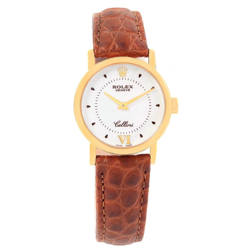 This image shows a front view of a Rolex Cellini 6610 Women's Yellow Gold Silver Dial 6610 Women's Yellow Gold Silver Dial watch with a brown leather strap and a gold bezel.