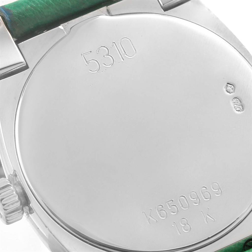 The image shows the back case of a Rolex Cellini 5310 Women's White Gold Mother of Pearl Dial 5310 Women's White Gold Mother of Pearl Dial watch, displaying the model number, serial number, and hallmarks.