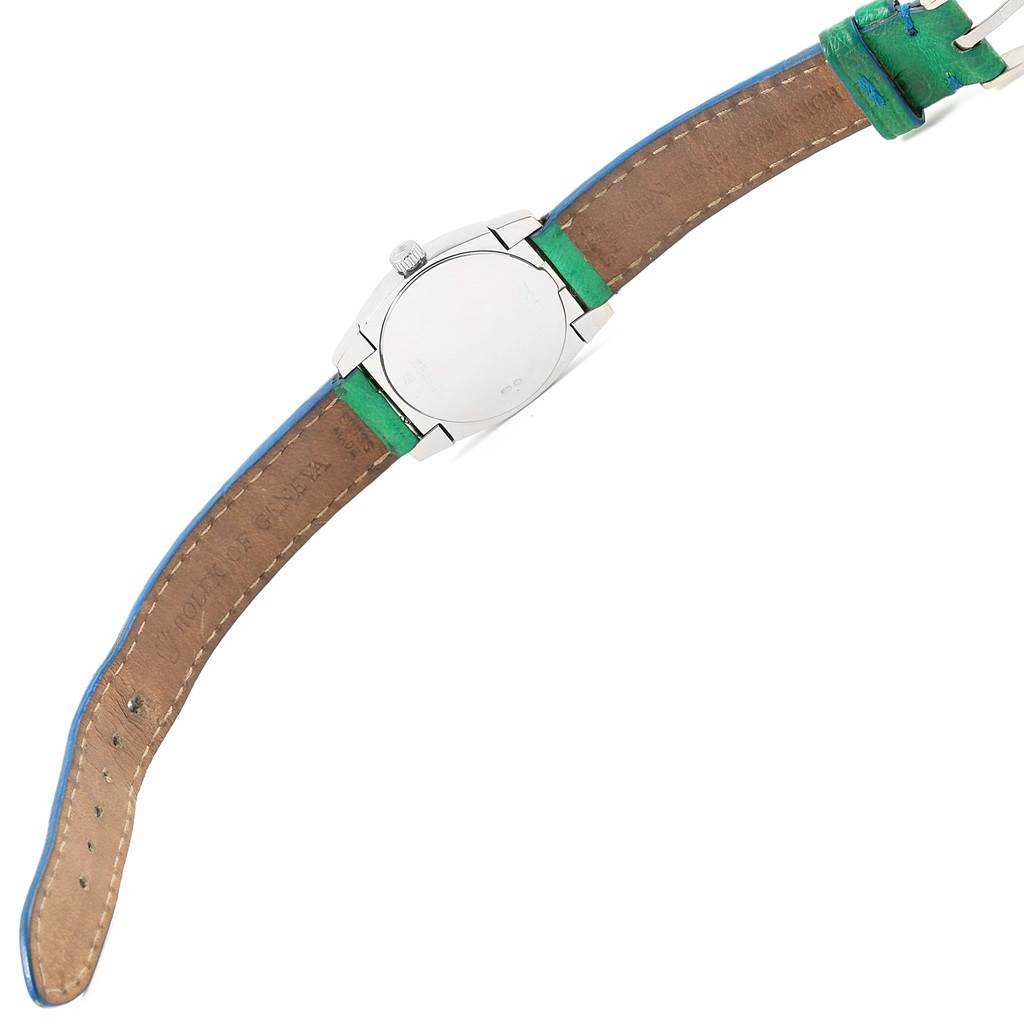 The image shows the back case and leather strap of a Rolex Cellini 5310 Women's White Gold Mother of Pearl Dial 5310 Women's White Gold Mother of Pearl Dial model watch from a top-down angle.