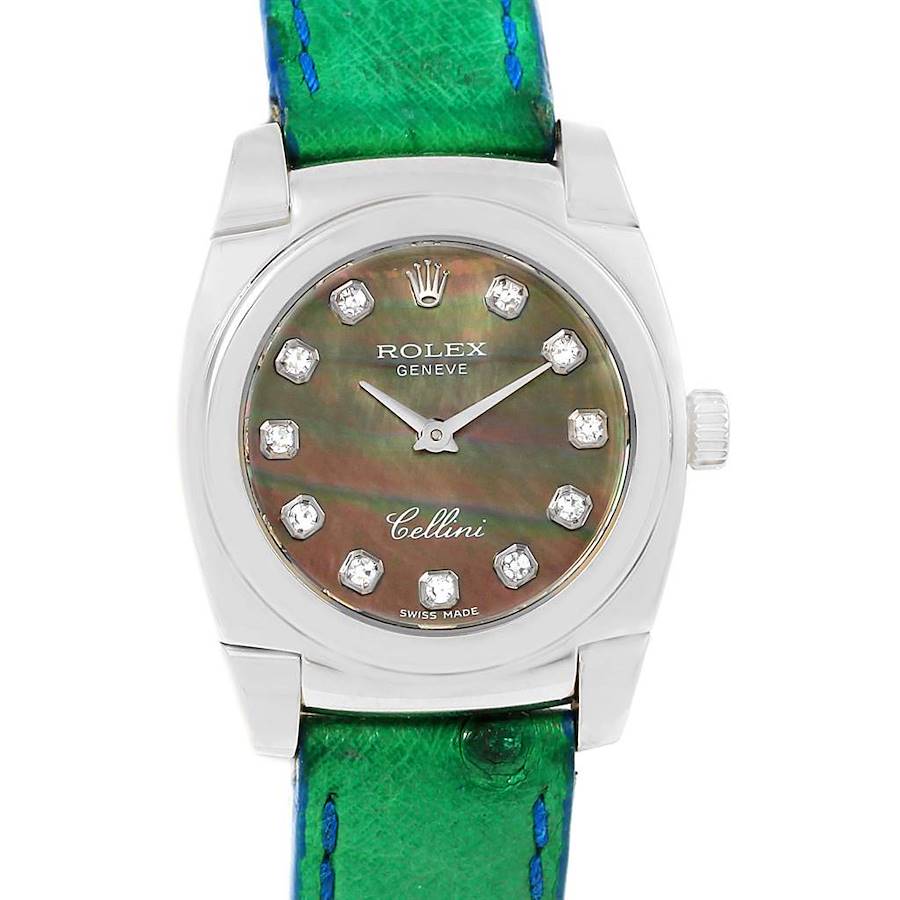 The image shows a front view of a Rolex Cellini watch with a green strap and a mother-of-pearl dial.