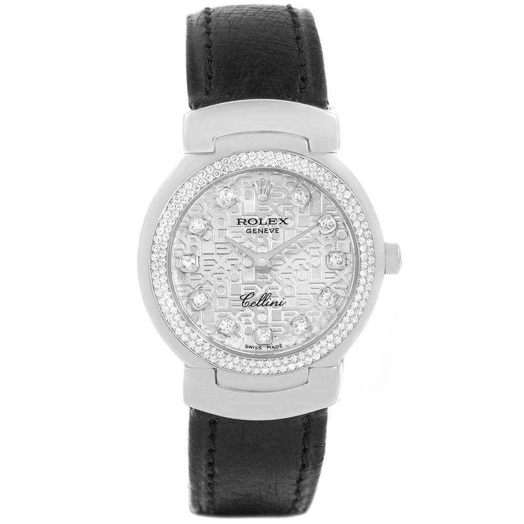 The image shows a front view of a Rolex Cellini 6671 Women
s White Gold Silver Dial 6671 Women
s White Gold Silver Dial watch, highlighting its face, bezel, dial, and leather strap.