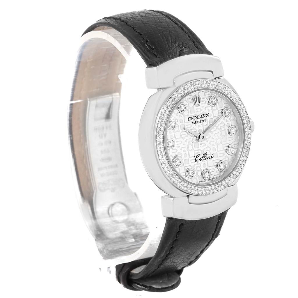 The image shows a side-front angle of the Rolex Cellini 6671 Women
s White Gold Silver Dial 6671 Women
s White Gold Silver Dial watch, highlighting the dial, bezel, and leather strap.