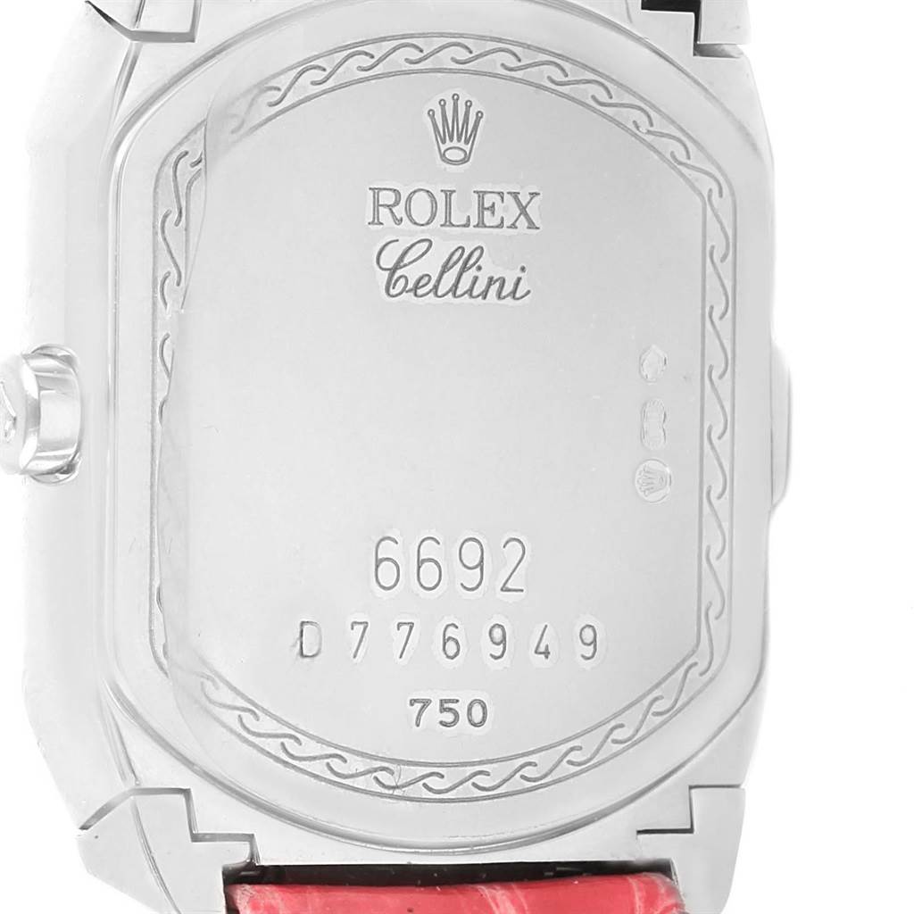 The image shows the back case of a Rolex Cellini 6692 Women
s White Gold Pink Dial 6692 Women
s White Gold Pink Dial watch, featuring its model and serial numbers.