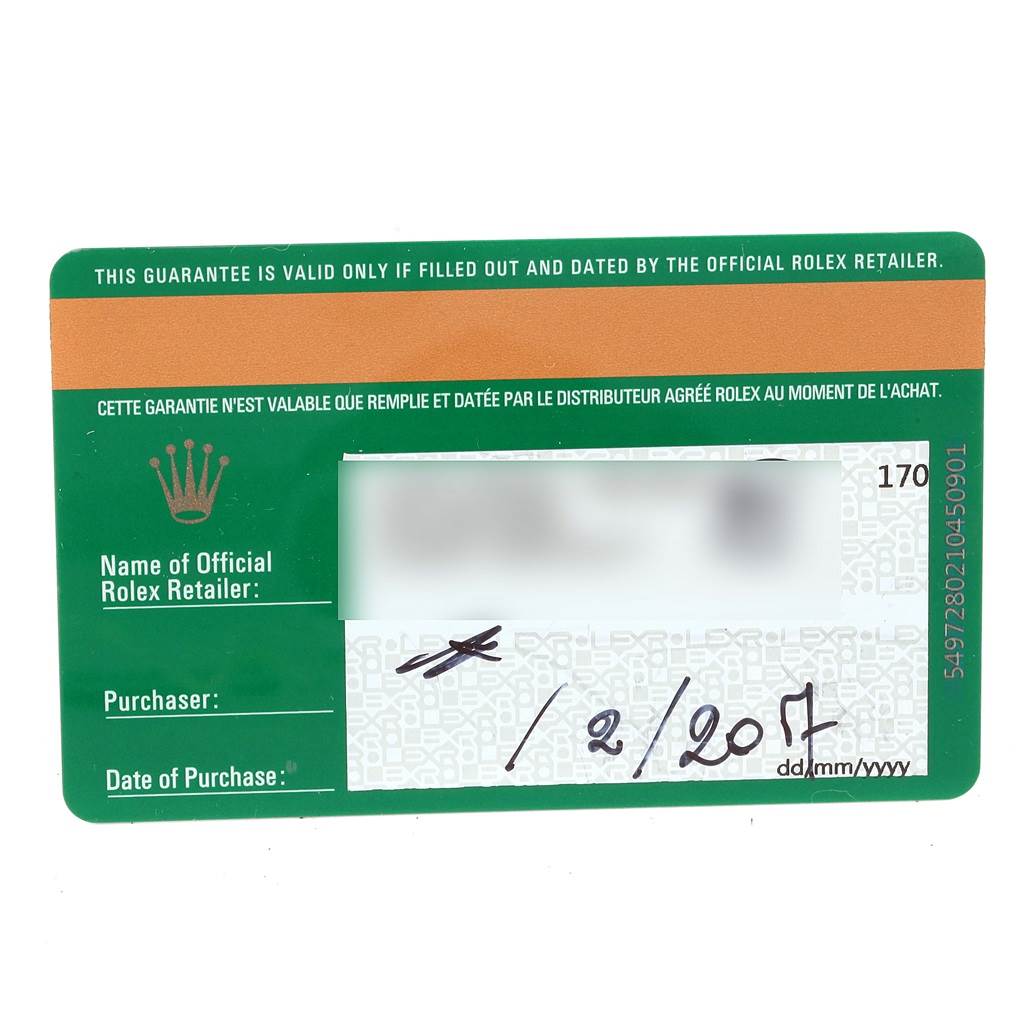 The image shows a warranty card for the Rolex Cellini 6692 Women
s White Gold Pink Dial 6692 Women
s White Gold Pink Dial model with spaces for the official retailer, purchaser, and date of purchase.