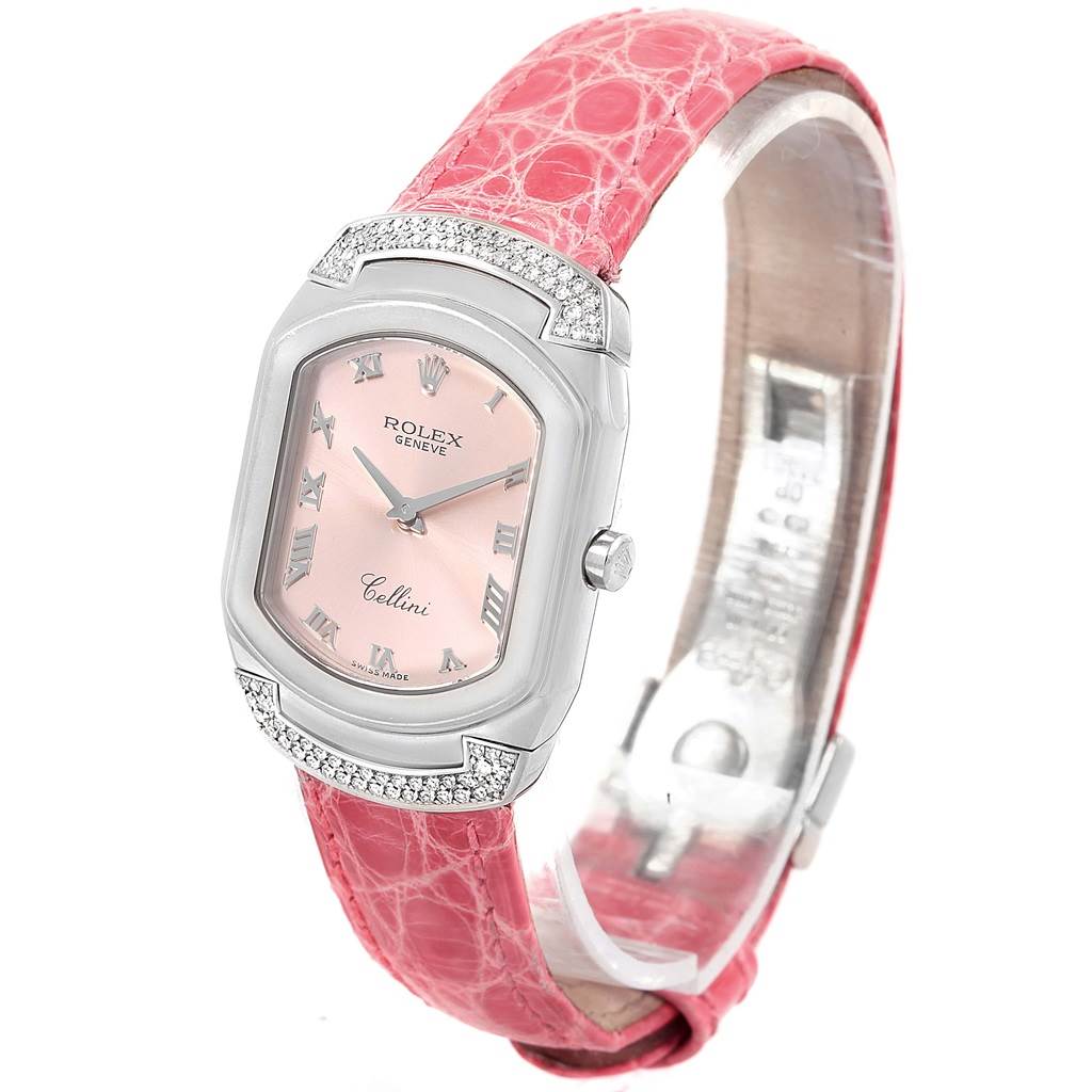 The image shows the face and strap of a Rolex Cellini 6692 Women
s White Gold Pink Dial 6692 Women
s White Gold Pink Dial watch at a slightly tilted angle.