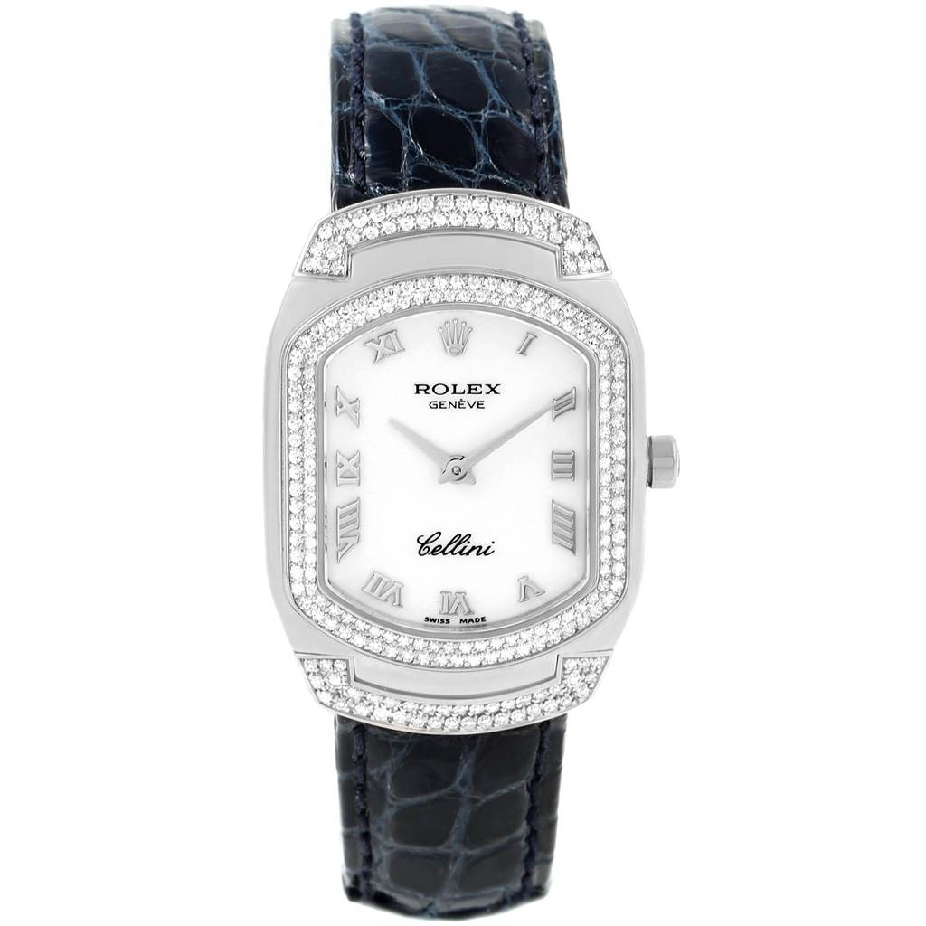The image shows a front view of the Rolex Cellini 6693 Women's White Gold White Dial 6693 Women's White Gold White Dial watch, displaying the face, bezel, and leather strap.