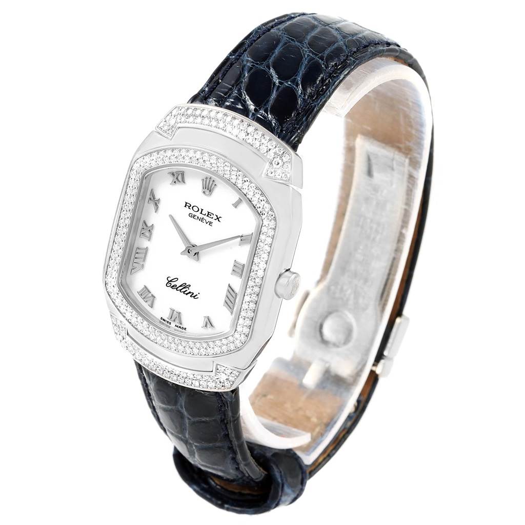 The image shows a front angle of the Rolex Cellini 6693 Women's White Gold White Dial 6693 Women's White Gold White Dial watch, highlighting its face, bezel, strap, and dial.