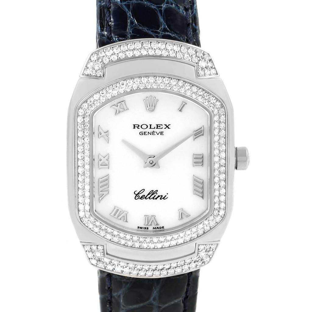 The image shows a front view of the Rolex Cellini 6693 Women's White Gold White Dial 6693 Women's White Gold White Dial watch with a white dial and diamond-studded bezel.
