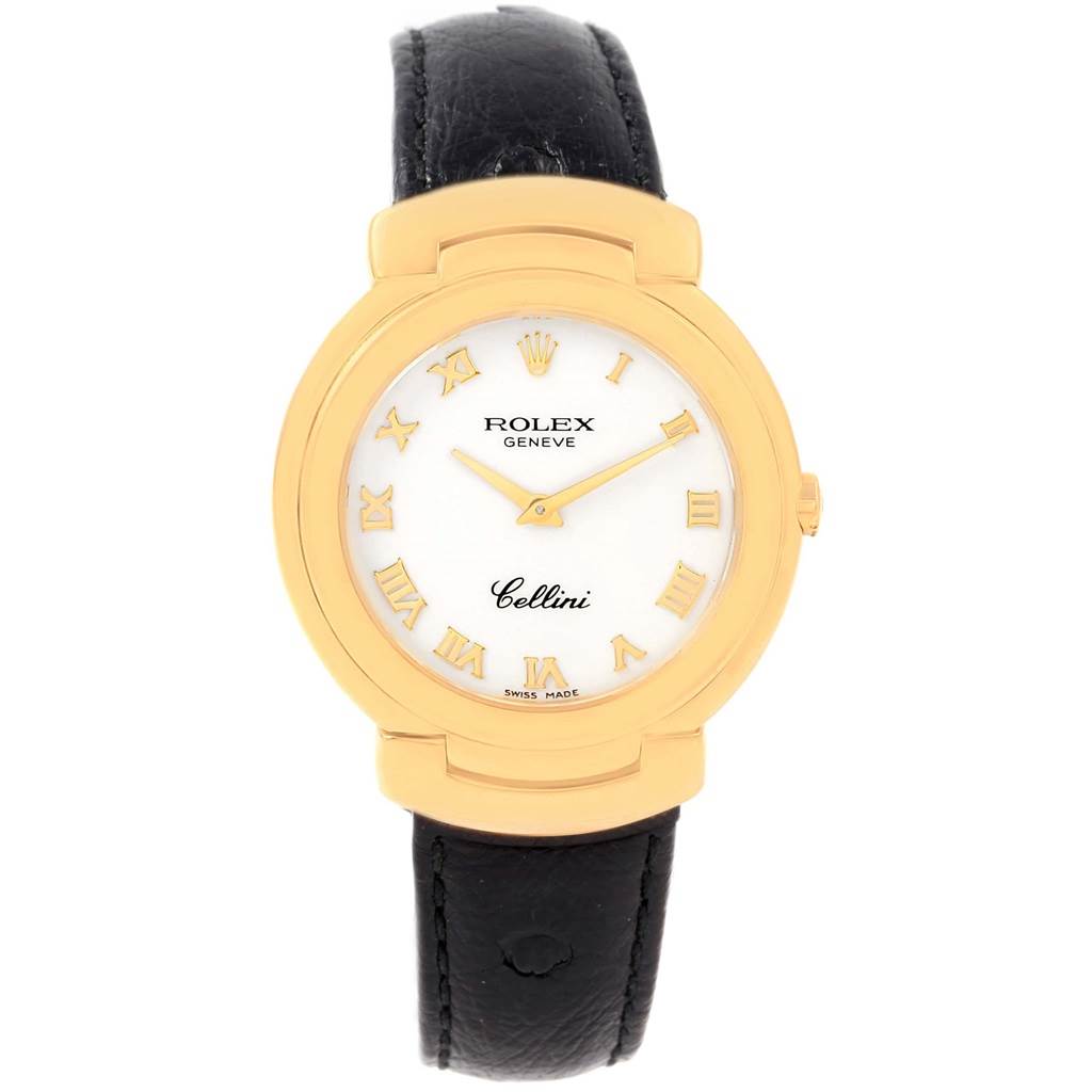 This image shows a frontal view of the Rolex Cellini 6622 Women's Yellow Gold White Dial 6622 Women's Yellow Gold White Dial watch, highlighting its face, bezel, and black leather strap.