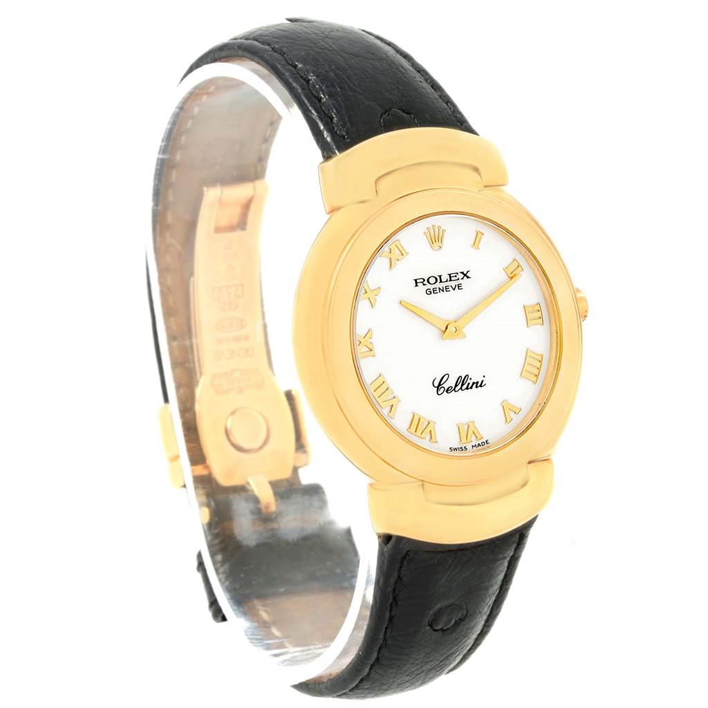 This image shows a side angle of a Rolex Cellini 6622 Women's Yellow Gold White Dial 6622 Women's Yellow Gold White Dial watch with a gold case, white dial, black leather strap, and Roman numerals.