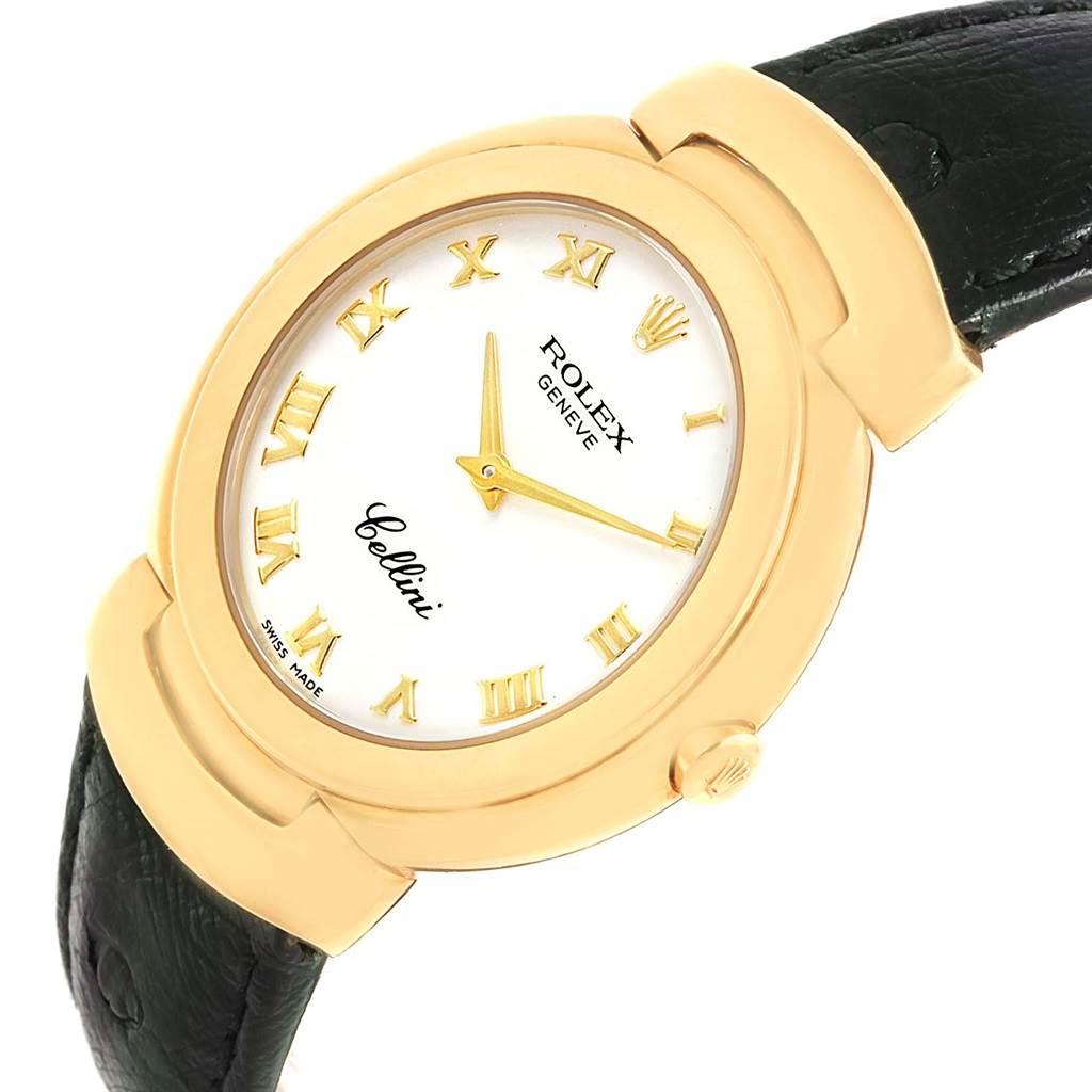 The image shows a close-up view of the Rolex Cellini 6622 Women's Yellow Gold White Dial 6622 Women's Yellow Gold White Dial watch, highlighting the white dial, gold case, Roman numerals, and part of the black leather strap.