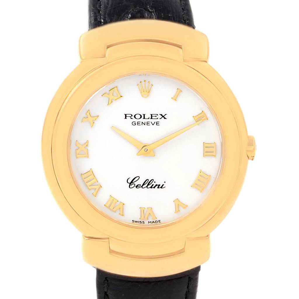 The image shows a frontal view of a Rolex Cellini 6622 Women's Yellow Gold White Dial 6622 Women's Yellow Gold White Dial watch, highlighting its gold case, white dial, and black leather strap.