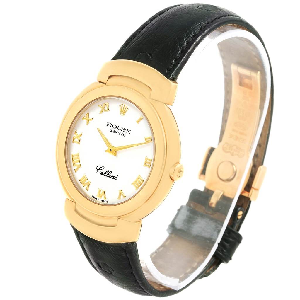 The image shows the front and side view of a Rolex Cellini 6622 Women's Yellow Gold White Dial 6622 Women's Yellow Gold White Dial watch, highlighting its gold case and black leather strap.