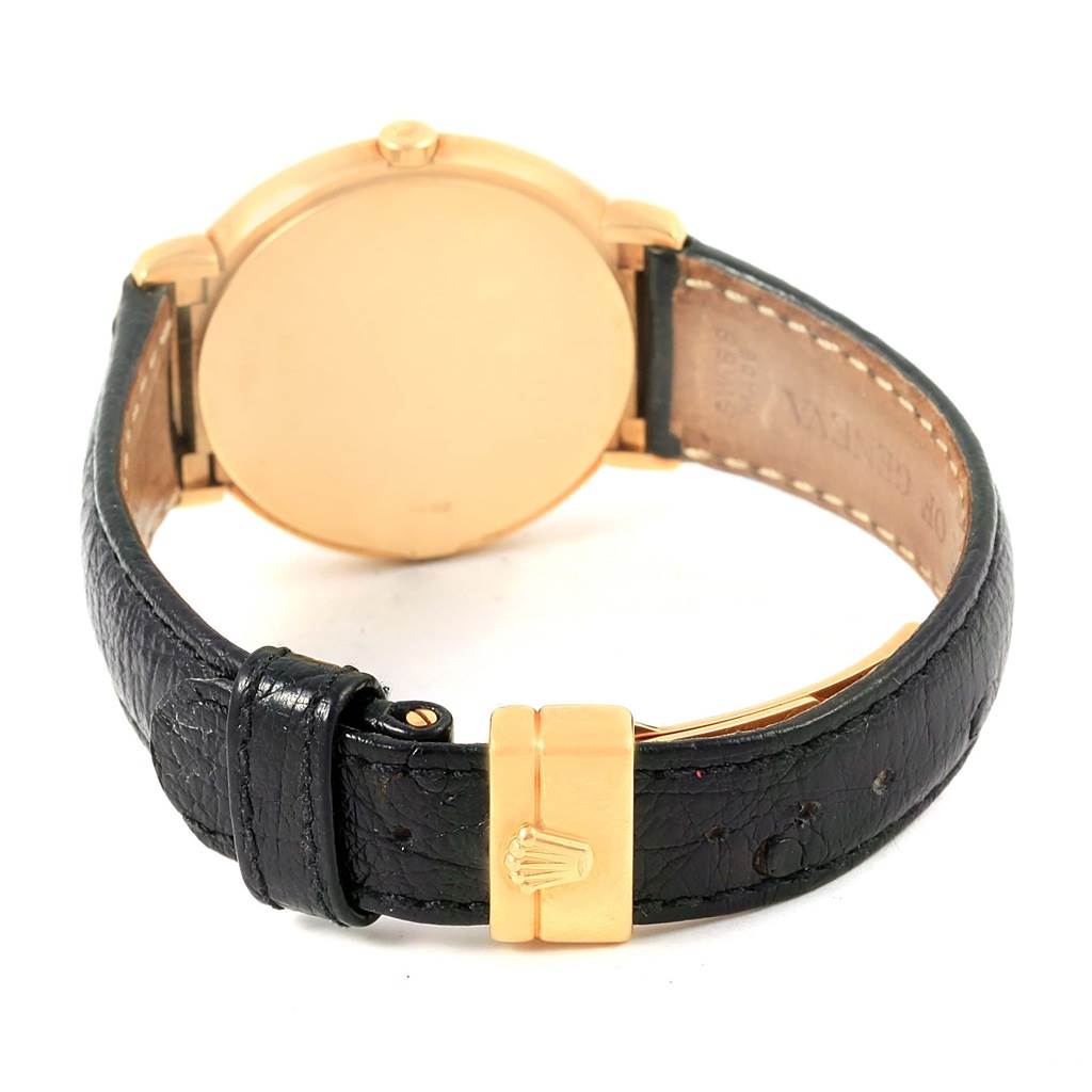 The image shows the back of a Rolex Cellini 6622 Women's Yellow Gold White Dial 6622 Women's Yellow Gold White Dial watch, highlighting its leather strap and clasp.