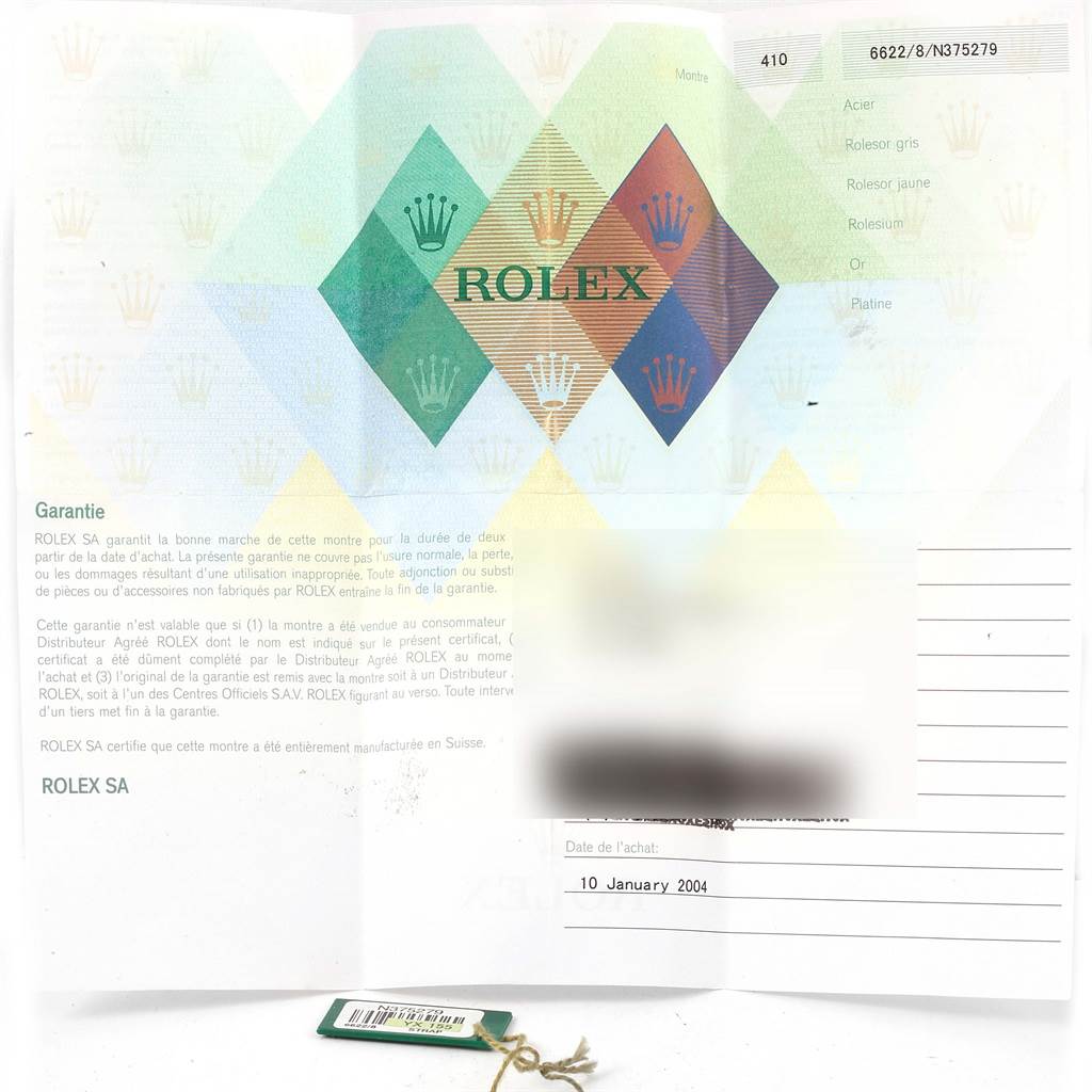 This image shows the warranty certificate for a Rolex Cellini 6622 Women's Yellow Gold White Dial 6622 Women's Yellow Gold White Dial model watch dated January 10, 2004.