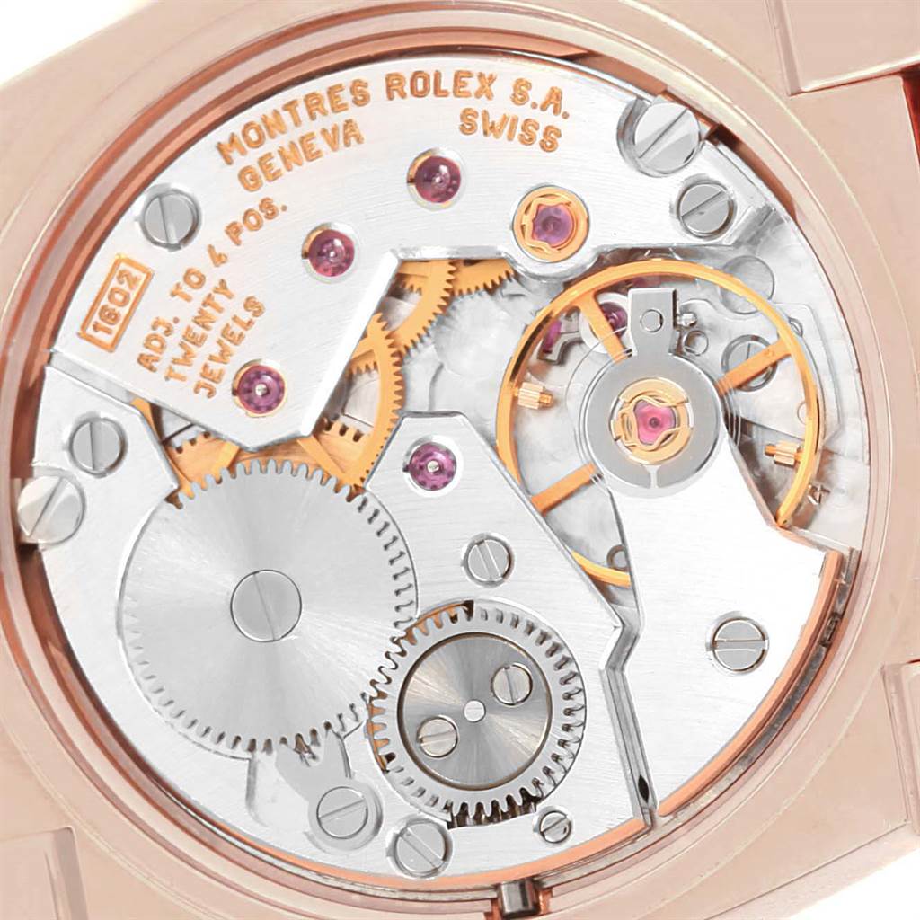 This image shows the intricate internal mechanical movement of a Rolex Cellini 5310 Women's Rose Gold White Dial 5310 Women's Rose Gold White Dial model from a close-up angle.