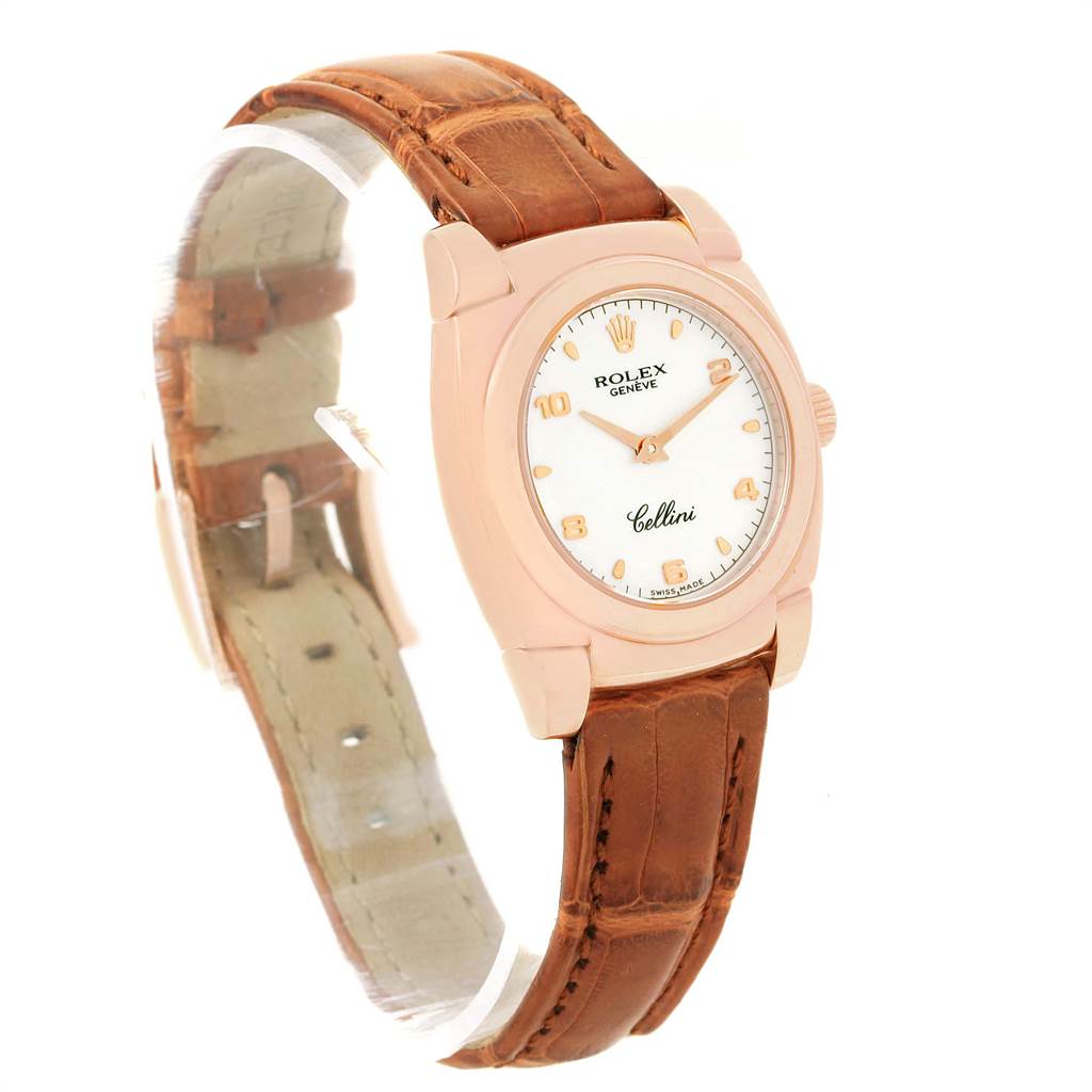 The image shows a Rolex Cellini 5310 Women's Rose Gold White Dial 5310 Women's Rose Gold White Dial watch at a slight angle, displaying its face, leather strap, and case.