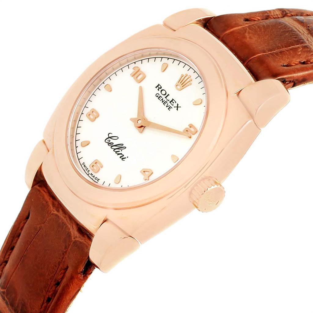 The image shows a Rolex Cellini 5310 Women's Rose Gold White Dial 5310 Women's Rose Gold White Dial watch at an angled view, highlighting its face, crown, and brown leather strap.