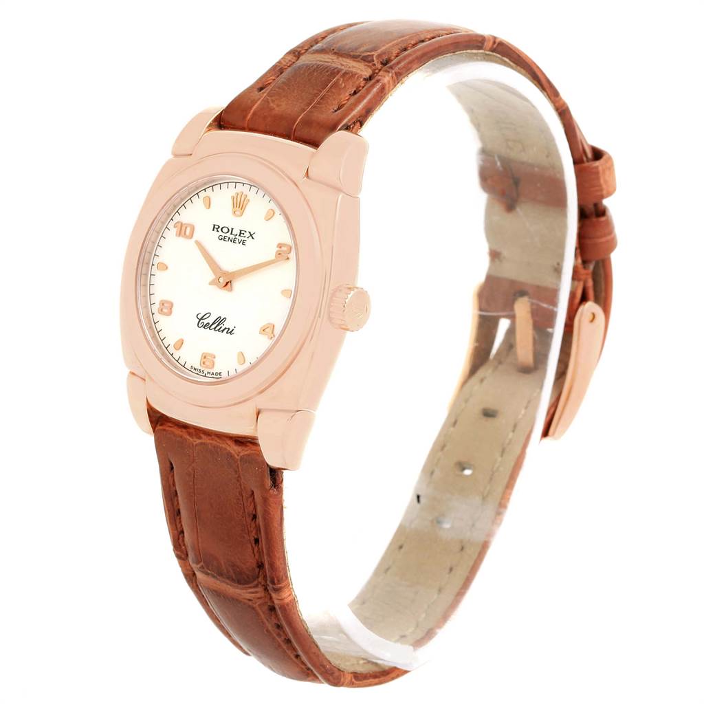 The image shows a Rolex Cellini 5310 Women's Rose Gold White Dial 5310 Women's Rose Gold White Dial watch at an angled side view, highlighting its face, bezel, and brown leather strap.