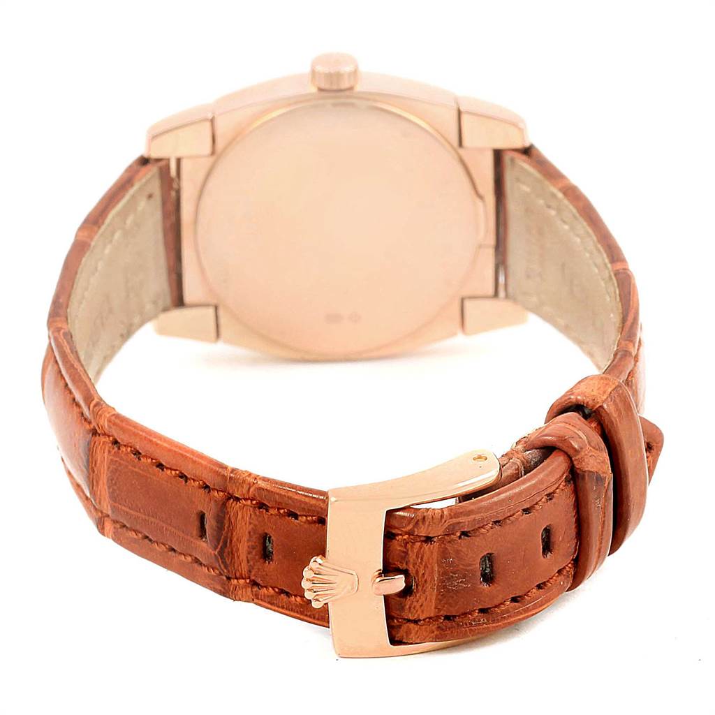 This image shows the back of a Rolex Cellini 5310 Women's Rose Gold White Dial 5310 Women's Rose Gold White Dial watch, focusing on the leather strap and clasp.