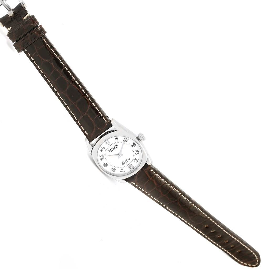 The image shows a Rolex Cellini 6229 Women's White Gold White Dial 6229 Women's White Gold White Dial watch with a brown leather strap, viewed from the front.