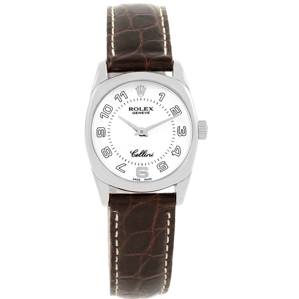 The image shows a front view of a Rolex Cellini 6229 Women's White Gold White Dial 6229 Women's White Gold White Dial model watch with a brown leather strap and a white dial.