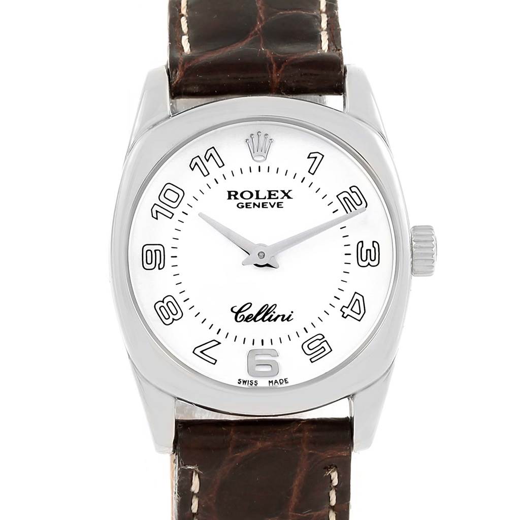 The image shows a front view of a Rolex Cellini 6229 Women's White Gold White Dial 6229 Women's White Gold White Dial watch, including its dial, crown, and leather strap.