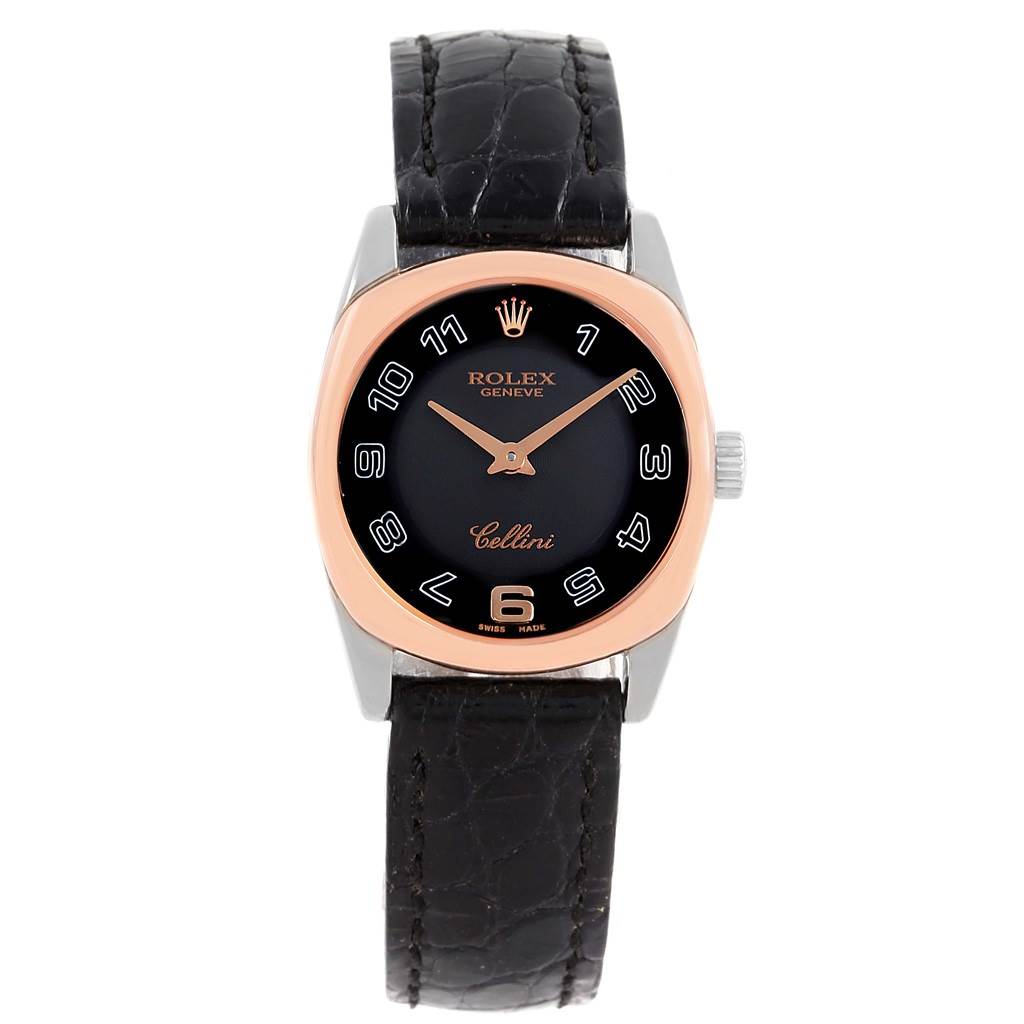 The image shows a front view of a Rolex Cellini 6229 Women
s White Gold Black Dial 6229 Women
s White Gold Black Dial watch with a black dial, rose gold bezel, and black leather strap.