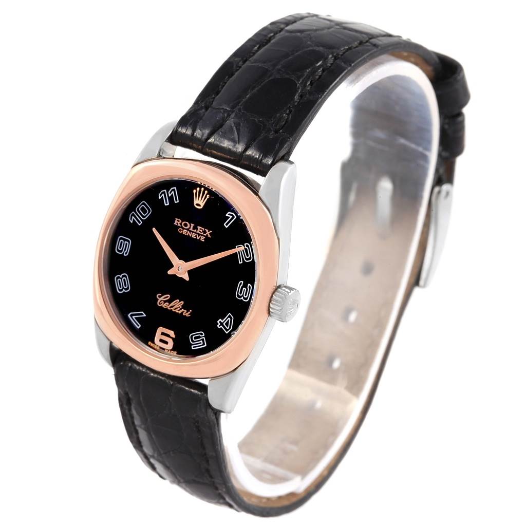 This image shows a Rolex Cellini 6229 Women
s White Gold Black Dial 6229 Women
s White Gold Black Dial watch at an angle showcasing the dial, case, and leather strap.