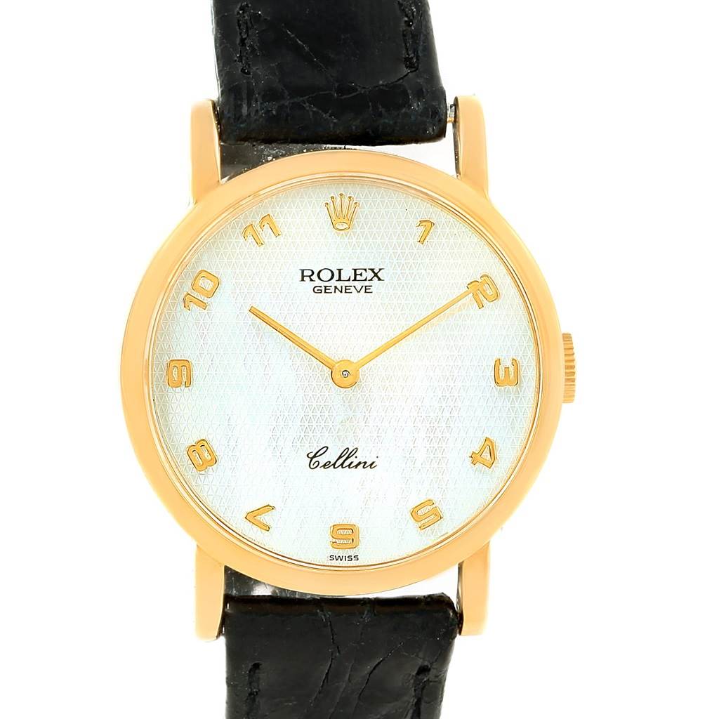 The image shows a front view of a Rolex Cellini 5109 Women's Yellow Gold Mother of Pearl Dial 5109 Women's Yellow Gold Mother of Pearl Dial watch, highlighting the dial, hour markers, and leather strap.