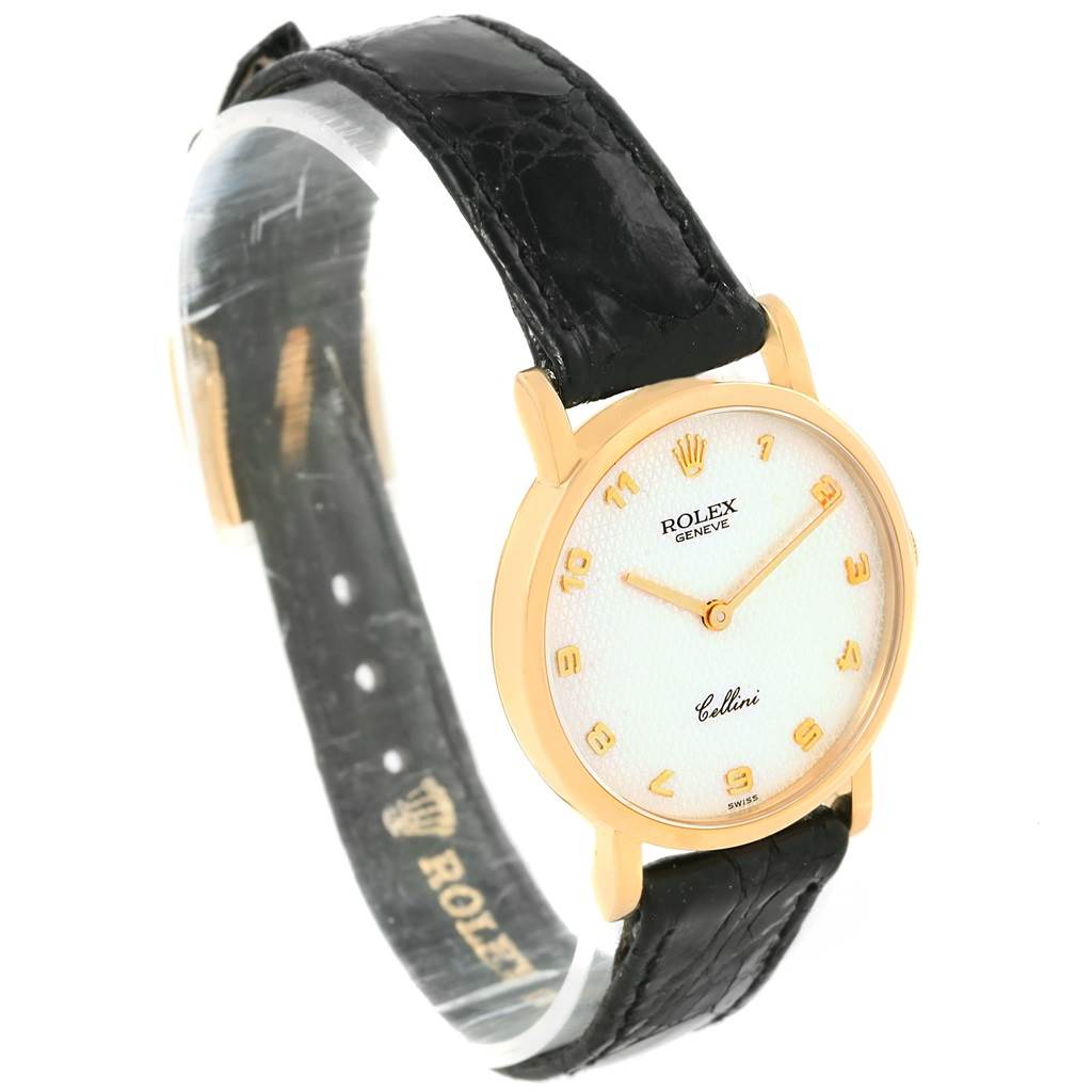The image shows a side angled view of a Rolex Cellini 5109 Women's Yellow Gold Mother of Pearl Dial 5109 Women's Yellow Gold Mother of Pearl Dial watch, highlighting the dial, case, and leather strap.