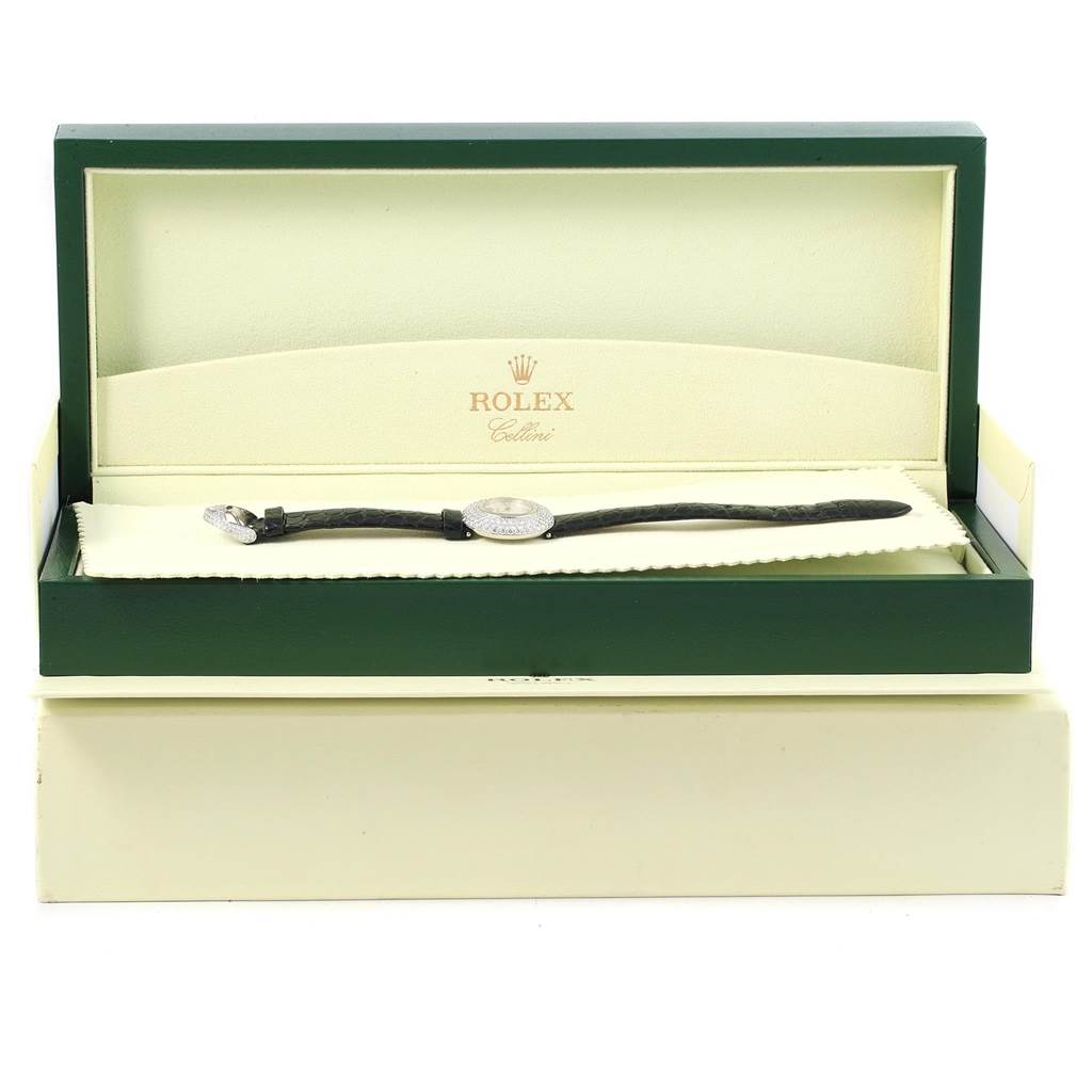 The image shows a Rolex Cellini 6201 Women's White Gold Mother of Pearl Dial 6201 Women's White Gold Mother of Pearl Dial watch inside its green and cream-colored box, viewed from the front.