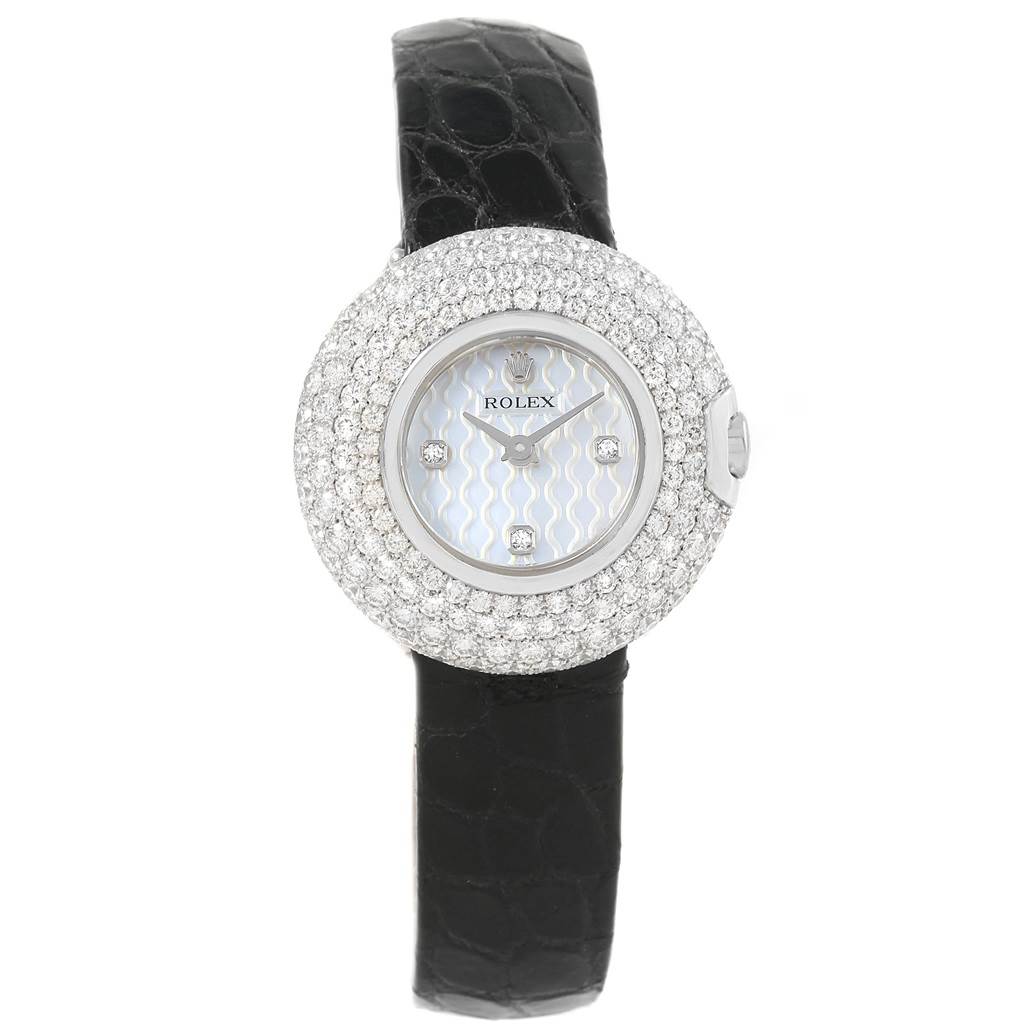 This image shows a frontal view of a Rolex Cellini 6201 Women's White Gold Mother of Pearl Dial 6201 Women's White Gold Mother of Pearl Dial watch with a diamond-encrusted bezel and a black leather strap.