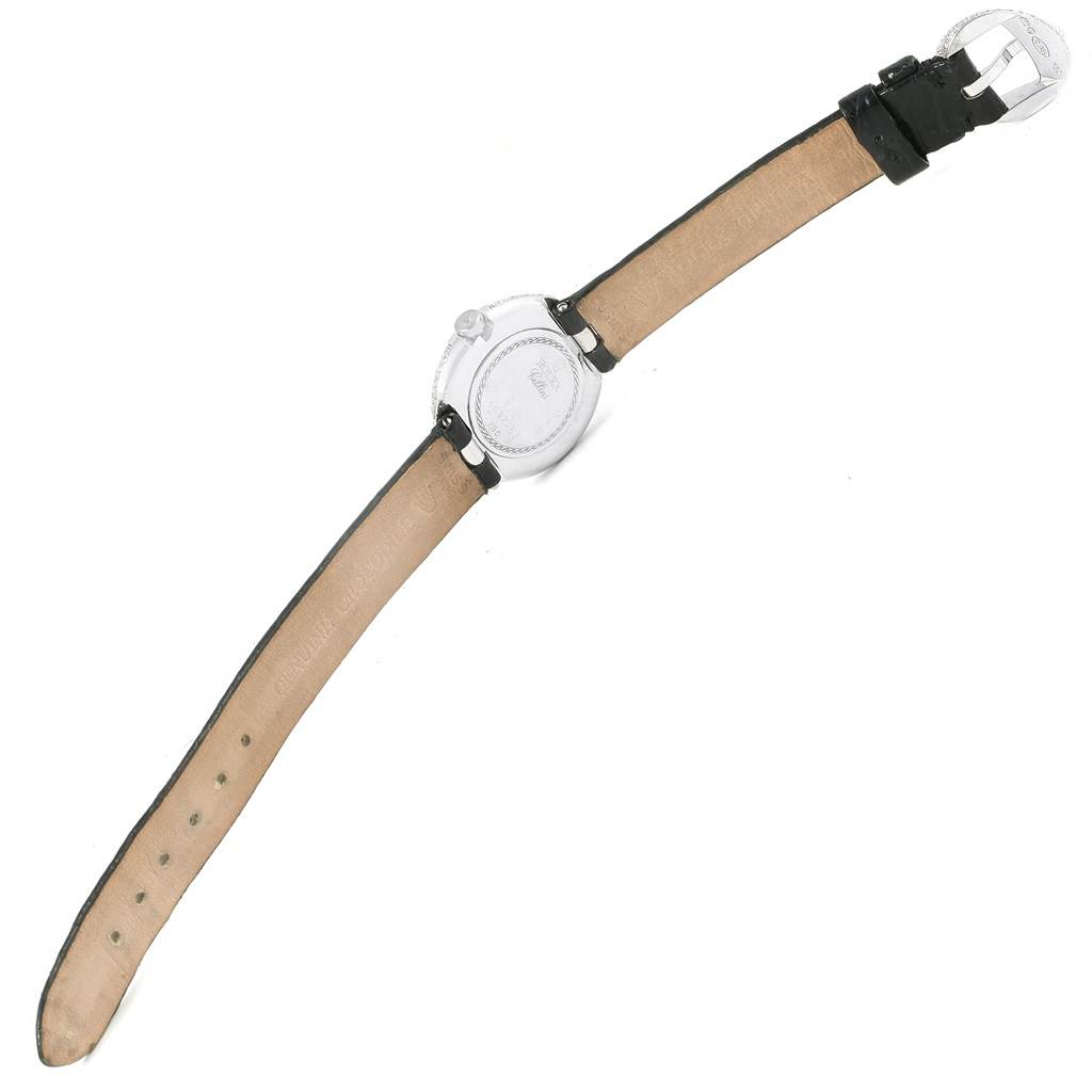 This image shows the back view of a Rolex Cellini 6201 Women's White Gold Mother of Pearl Dial 6201 Women's White Gold Mother of Pearl Dial watch, featuring the leather strap, buckle, and case back.