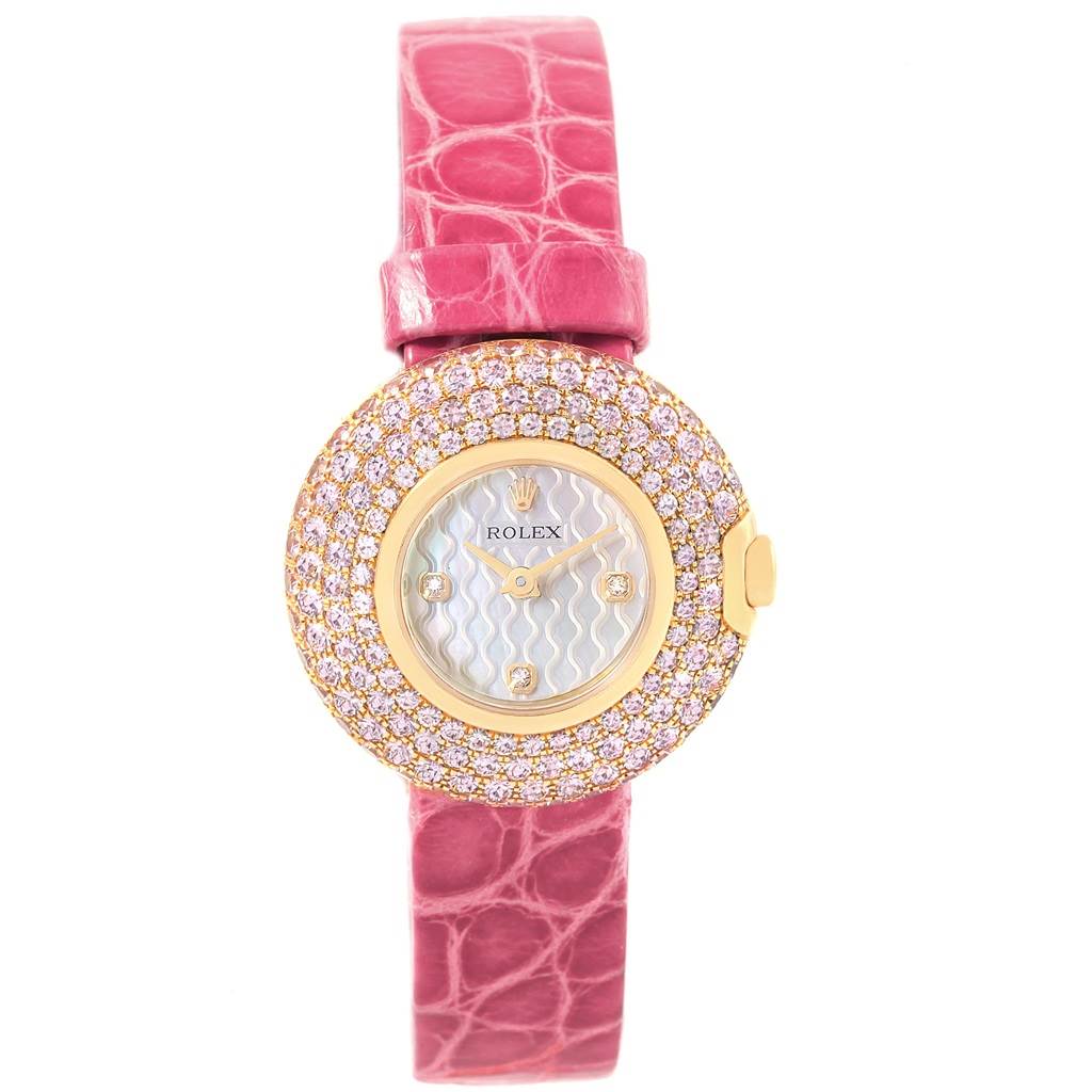 This image shows a front view of a Rolex Cellini 6201 Women's Yellow Gold Mother of Pearl Dial 6201 Women's Yellow Gold Mother of Pearl Dial model watch with a pink leather strap and a diamond-encrusted bezel.