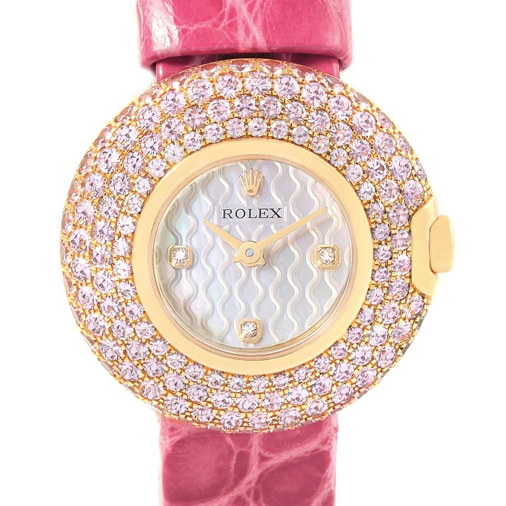 This image shows a front view of a Rolex Cellini 6201 Women's Yellow Gold Mother of Pearl Dial 6201 Women's Yellow Gold Mother of Pearl Dial watch, highlighting its diamond-studded bezel and pink strap.