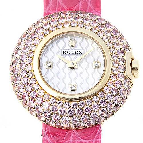 The image shows a front view of a Rolex Cellini 6201 Women's Yellow Gold Mother of Pearl Dial 6201 Women's Yellow Gold Mother of Pearl Dial watch with a pink diamond-encrusted bezel and pink strap.