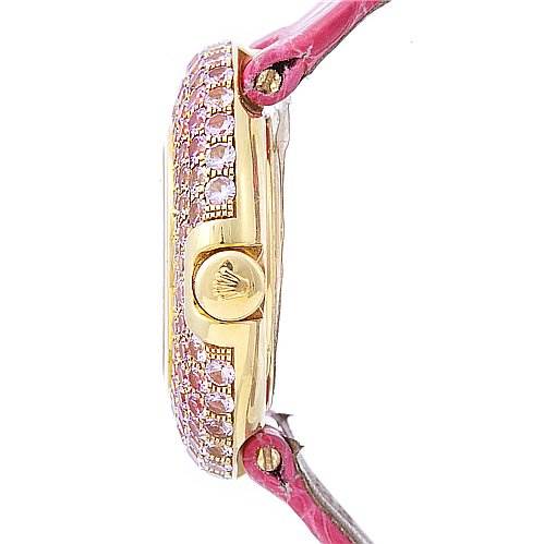 The image shows a side view of a Rolex Cellini 6201 Women's Yellow Gold Mother of Pearl Dial 6201 Women's Yellow Gold Mother of Pearl Dial watch with a gold case and pink strap.