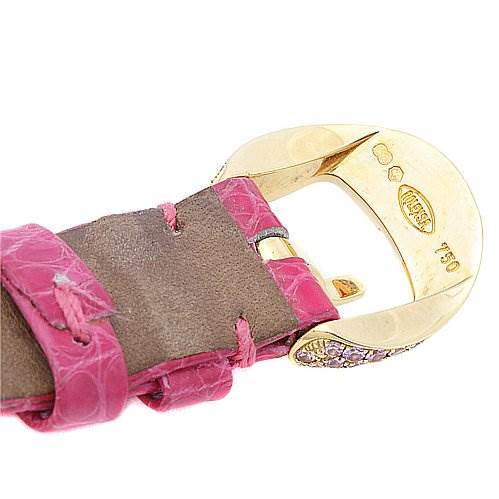 The image shows the buckle and part of the pink leather strap of a Rolex Cellini 6201 Women's Yellow Gold Mother of Pearl Dial 6201 Women's Yellow Gold Mother of Pearl Dial watch, viewed from an overhead angle.