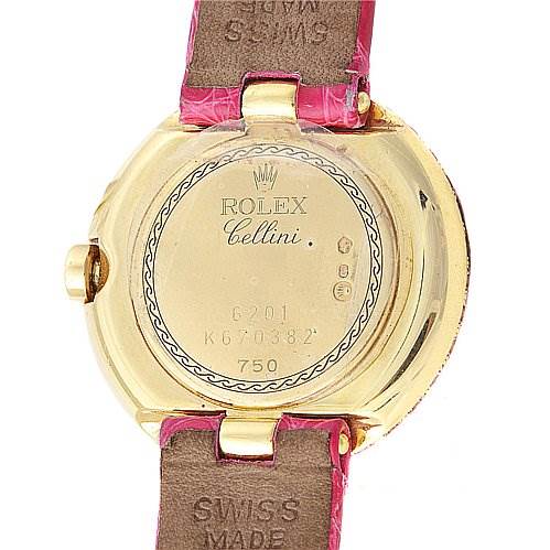 This image shows the back and part of the straps of a Rolex Cellini 6201 Women's Yellow Gold Mother of Pearl Dial 6201 Women's Yellow Gold Mother of Pearl Dial watch.