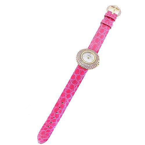 The image shows a top-down view of a Rolex Cellini 6201 Women's Yellow Gold Mother of Pearl Dial 6201 Women's Yellow Gold Mother of Pearl Dial watch with a pink strap and a round, diamond-encrusted bezel.