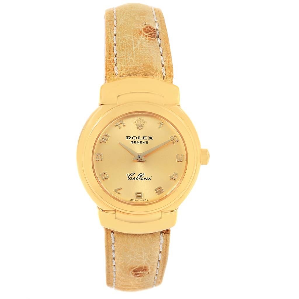 The Rolex Cellini 6621 Women's Yellow Gold Champagne Dial 6621 Women's Yellow Gold Champagne Dial watch is shown from a top-down angle, displaying the face, dial, and leather strap.