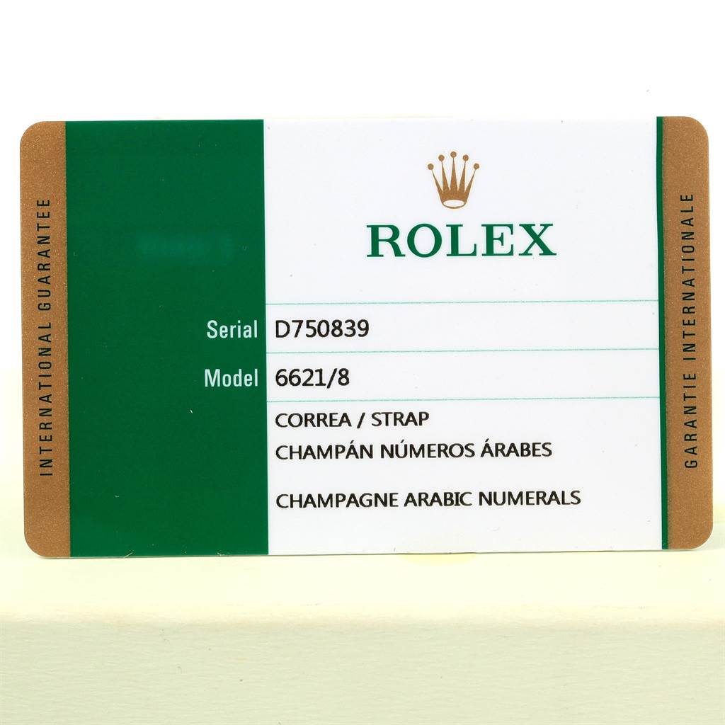 This image shows an international guarantee card for a Rolex Cellini 6621 Women's Yellow Gold Champagne Dial 6621 Women's Yellow Gold Champagne Dial model 6621/8 watch.