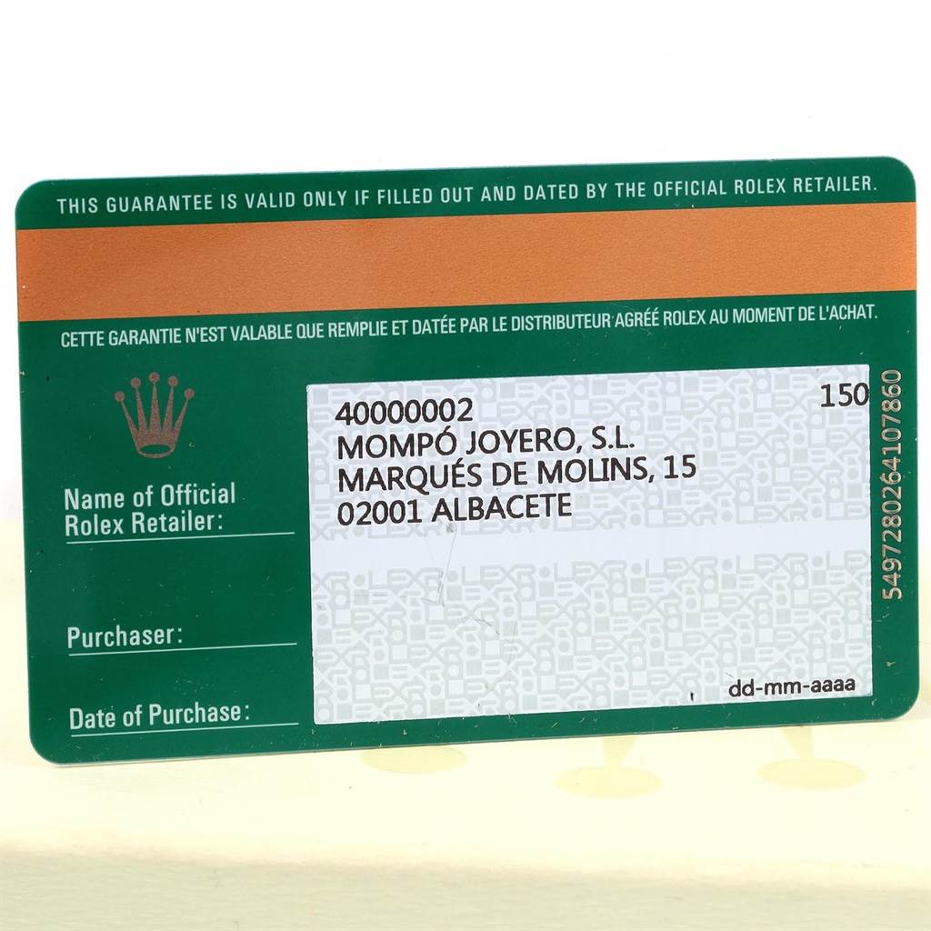 The image shows a warranty card for a Rolex Cellini 6621 Women's Yellow Gold Champagne Dial 6621 Women's Yellow Gold Champagne Dial watch, including retailer details, serial number, and placeholders for purchaser information and purchase date.