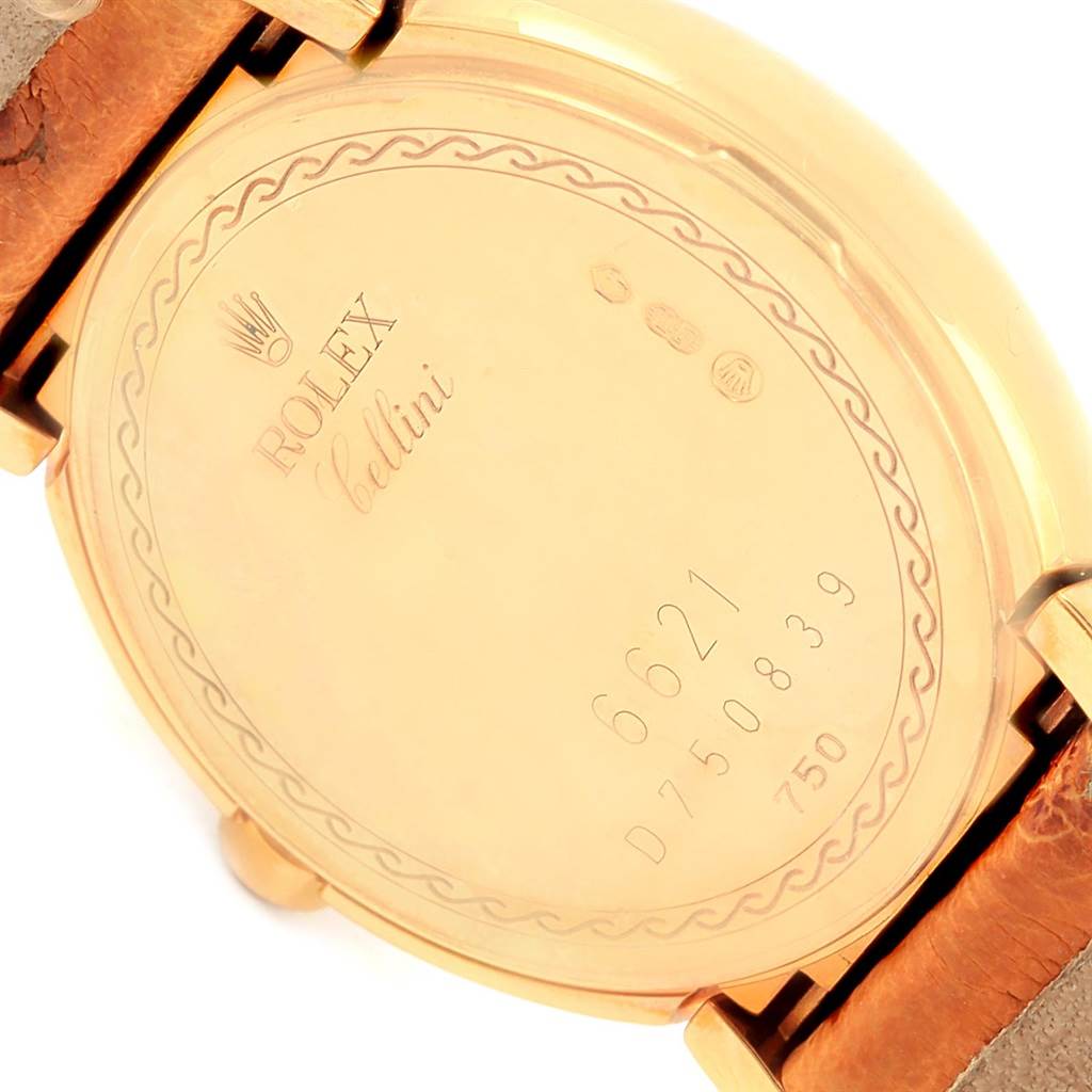 The image shows the back of the Rolex Cellini 6621 Women's Yellow Gold Champagne Dial 6621 Women's Yellow Gold Champagne Dial watch, highlighting the engraved model number and branding.