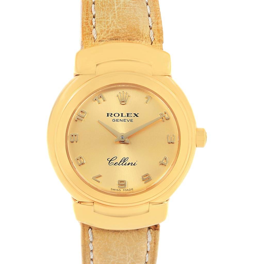The image shows a front view of a Rolex Cellini 6621 Women's Yellow Gold Champagne Dial 6621 Women's Yellow Gold Champagne Dial watch with a gold case and leather strap.