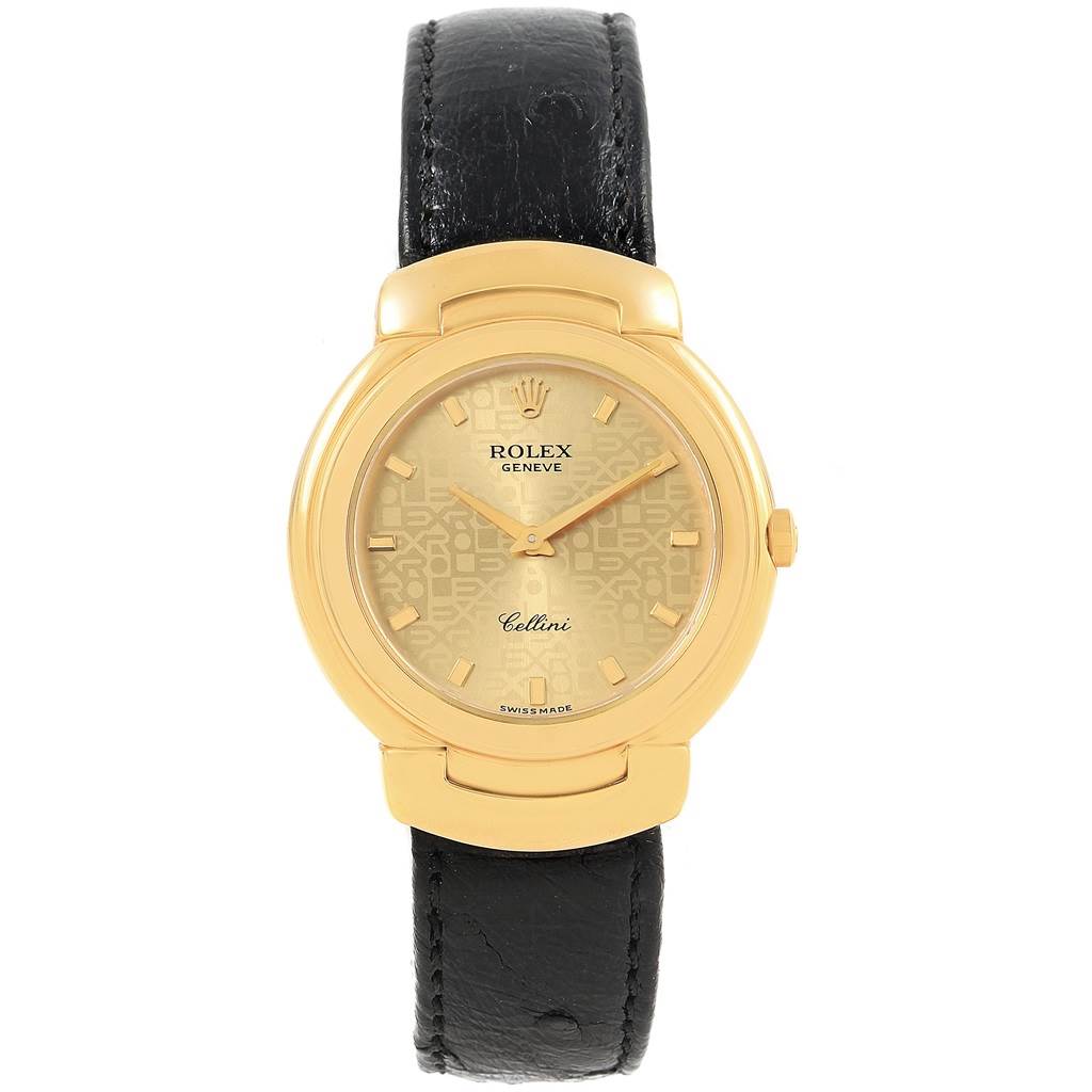 The image shows a Rolex Cellini 6622 Women's Yellow Gold Champagne Dial 6622 Women's Yellow Gold Champagne Dial watch from a front angle displaying its gold-tone case, dial, indices, hands, and black leather strap.