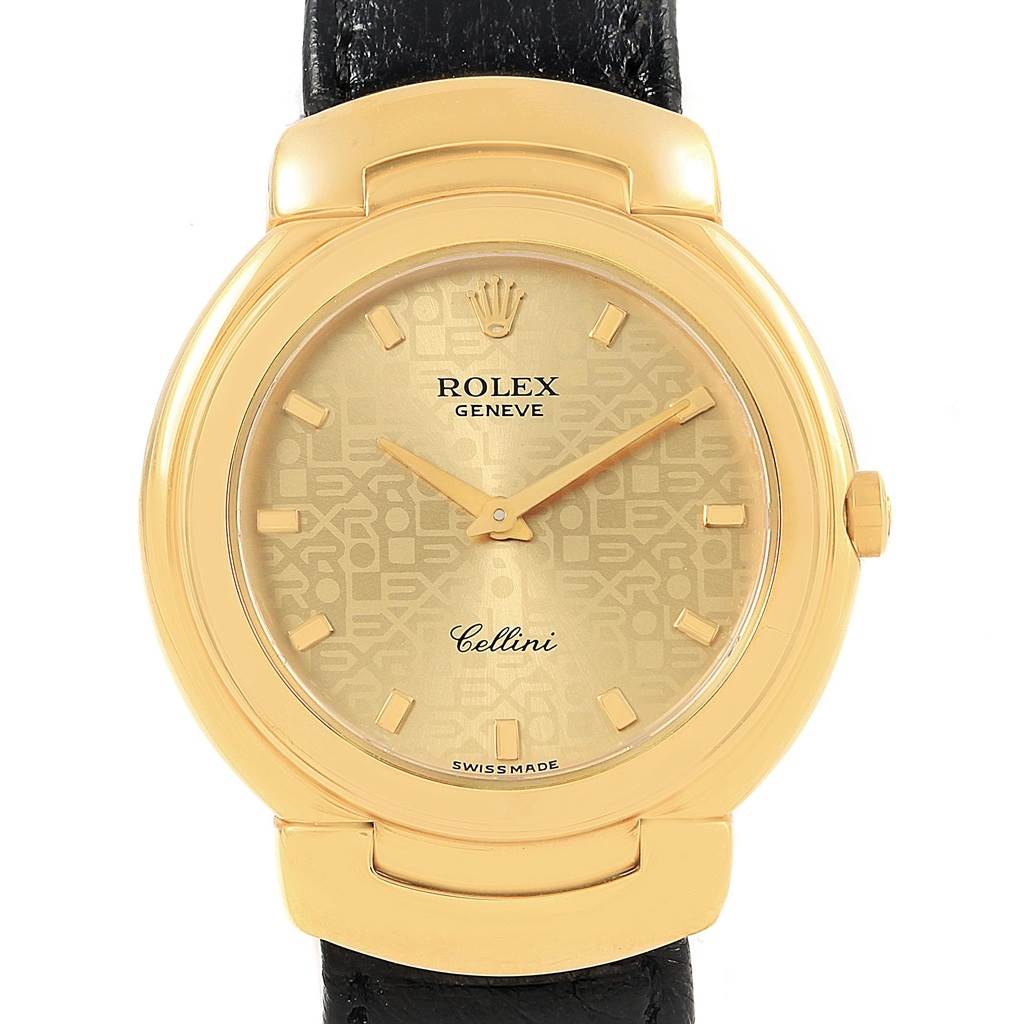 This is a frontal view of a Rolex Cellini 6622 Women's Yellow Gold Champagne Dial 6622 Women's Yellow Gold Champagne Dial watch, showing the dial, case, and part of the black strap.