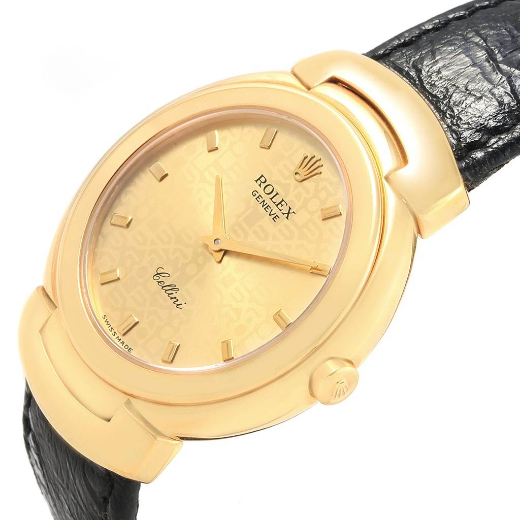 The Rolex Cellini 6622 Women's Yellow Gold Champagne Dial 6622 Women's Yellow Gold Champagne Dial watch is shown at an angled view, featuring a gold case, crown, dial, and a black leather strap.